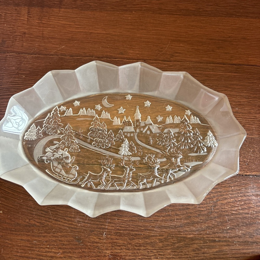 Mikasa Silent Night Christmas Holiday Trim Frosted Glass Platter Bowl 11.5x7.5